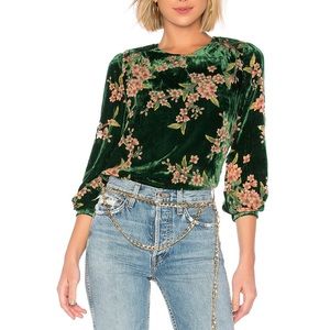JOA Green Velvet Top Blouse Womens Floral